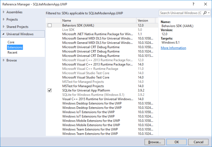 Adicionando extensão para projeto Universal Windows (Windows 10)